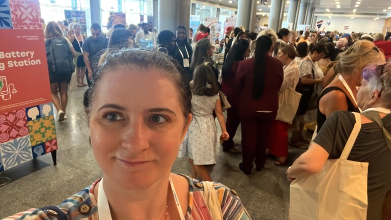 Elisabeth Wilhelm (UNIWA) shows early crowds headed to poster sessions, workshops and talks at ICM 2026